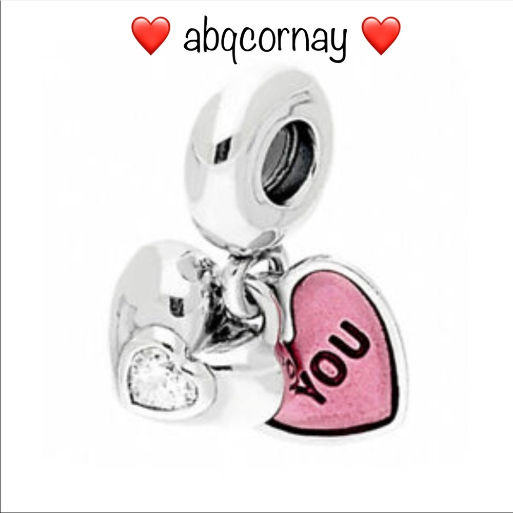 EUC Pandora 791244CZ Sterling Silver You & Me Heart Dangle Charm w/ Pink Enamel